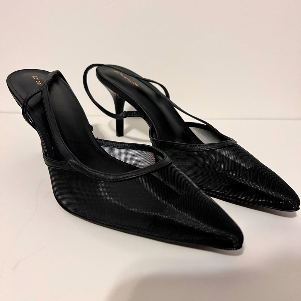 REFORMATION Whitnee Slingback Kitten Heels Black Mesh NEW WITHOUT TAGS